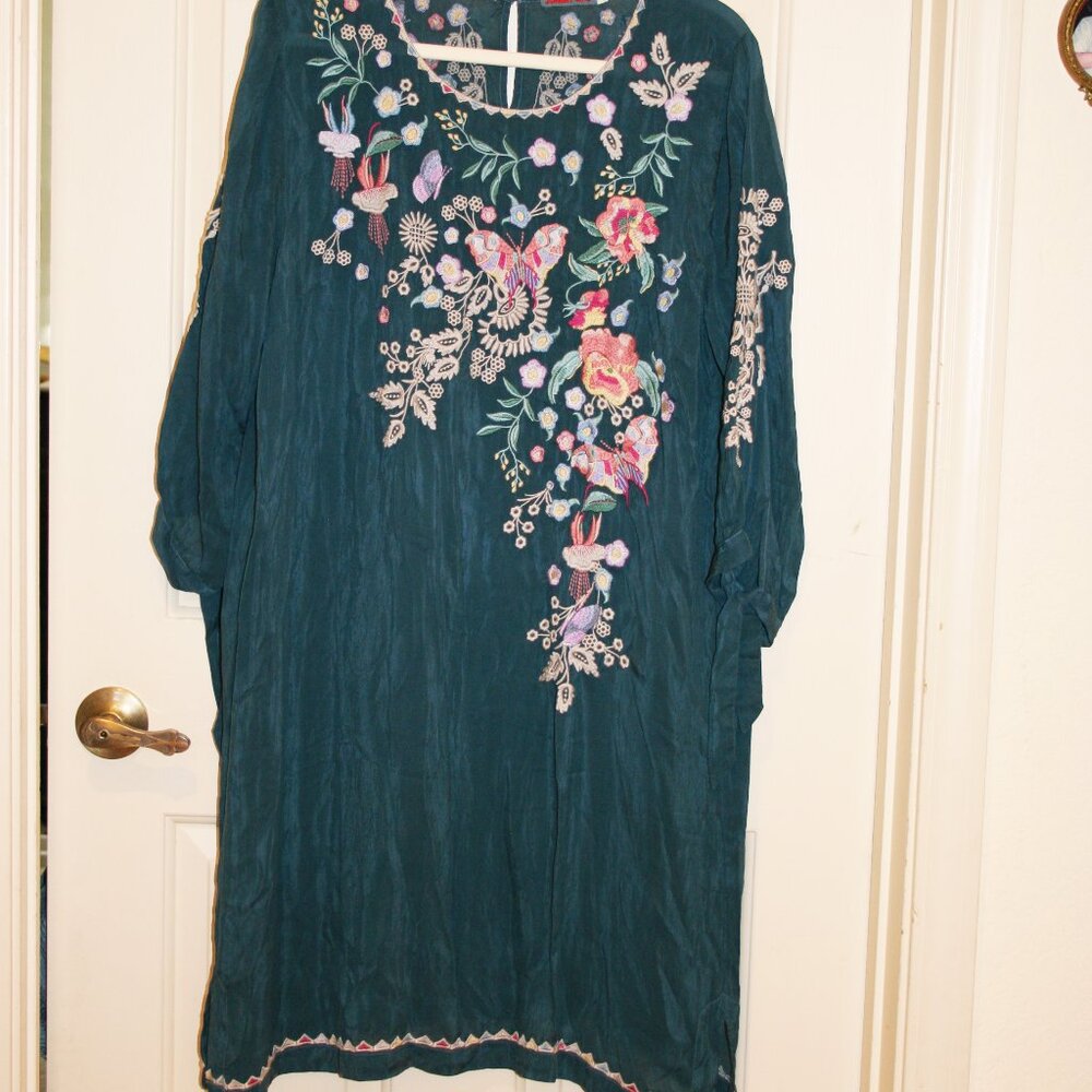 JOHNNY WAS Teal Blue Dress with Embroidered Flowers
